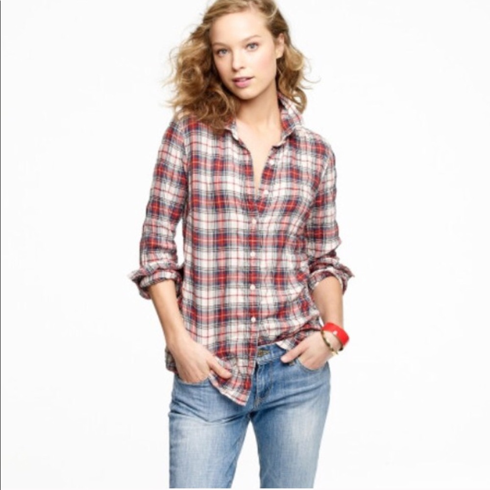EUC-J. Crew perfect shirt in suckered tartan plaid
